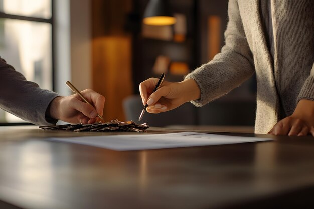 Close-up shot of hands signing a mortgage contract on a wooden desk, with a pen and a set of keys nearby. The atmosphere is serious and focused.