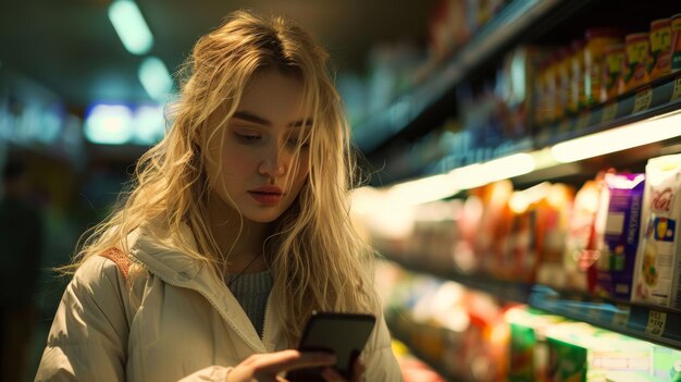 A woman comparing two products with the help of a price comparison app on her smartphone, showing her engaged in smart shopping to combat inflation.