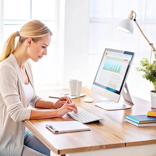 A woman sitting at her desk, reviewing financial documents and using a calculator to plan her retirement budget. There's a laptop open with investment charts displayed on the screen.