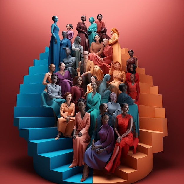 An image of a diverse group of people standing on different levels of a staircase, representing social inequality, with a large coin at the top for the wealthy.
