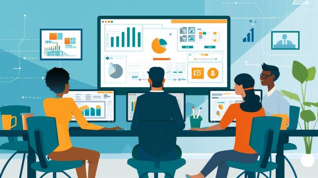 A diverse group of professionals in a modern office setting analyzing charts and graphs related to REIT performance, with digital displays showing financial data.