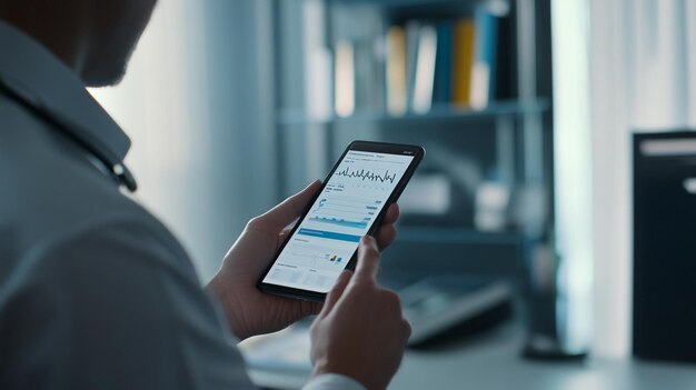 A person using a mobile phone to access a financial dashboard, integrated with multiple bank accounts and investment platforms through Open Finance. The dashboard displays personalized insights and recommendations generated by AI.