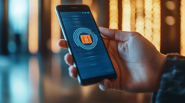 A smartphone screen displaying a two-factor authentication prompt. A secure lock icon is visible in the background, and a user is shown tapping their fingerprint on the screen.