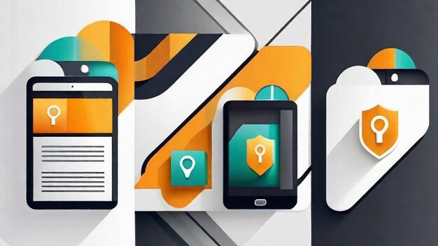 Collage of screenshots showing different mobile security apps: an antivirus app scanning for threats, a VPN app encrypting data, and a password manager generating a strong password.