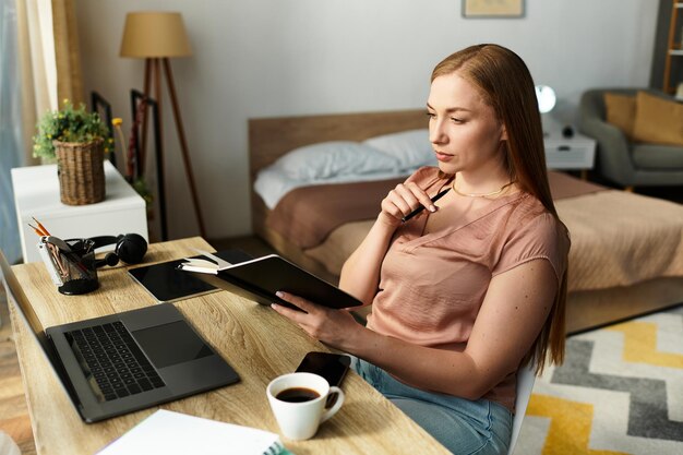 A person thoughtfully reviewing a list of productivity apps on a tablet, set against a background of a cozy home office with ergonomic setup.