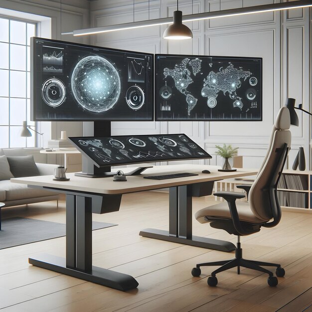 A futuristic workspace featuring multiple holographic displays with productivity app interfaces, neural feedback sensors, and advanced ergonomic tools.