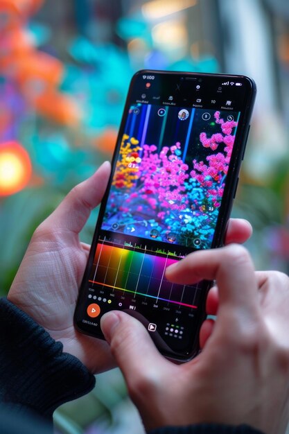 A screenshot of a popular photo editing app interface on a smartphone, showing various editing tools and filters being used on a portrait photo. Features overlays highlighting AI-powered features and augmented reality filters.