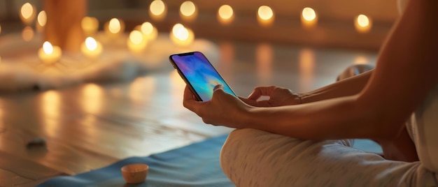 A close-up view of a person's hand selecting a meditation app on their smartphone at sunrise, highlighting the ease and accessibility of digital mindfulness.