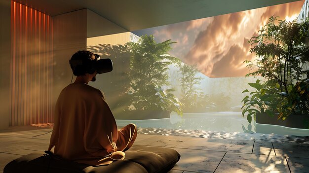 A futuristic scene showing a person wearing VR headset meditating in a tranquil digital oasis, incorporating technology and mindfulness.