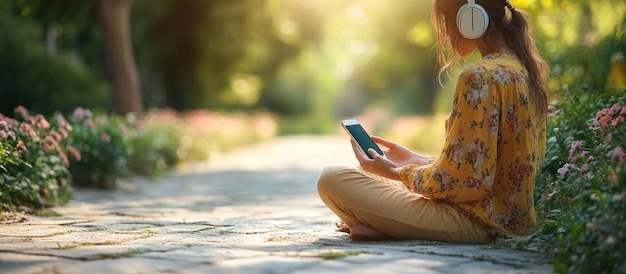 A person using a meditation app on their phone while sitting comfortably in a park, surrounded by nature. The app interface shows options for guided meditations and relaxation sounds.