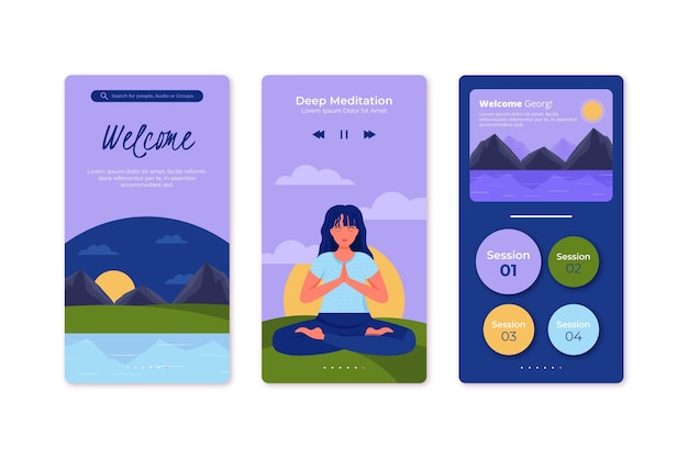 A grid of phone screens displaying different meditation app interfaces, each with unique designs and features. The apps offer various meditation exercises, relaxation sounds, and progress tracking tools.