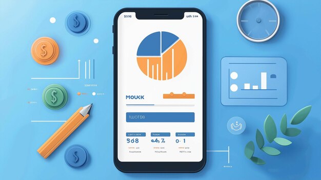 A screenshot of a mobile budgeting app interface, showing colorful charts and graphs illustrating income, expenses, and savings goals.