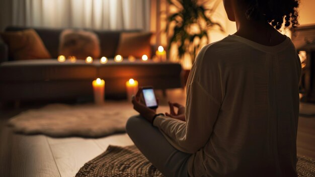 A person using a meditation app on their tablet in a calm and dimly lit room with candles.
