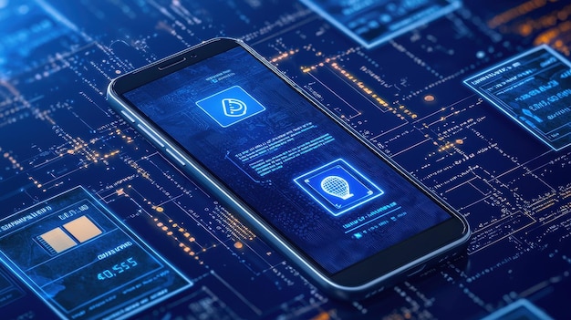A screenshot of a smartphone displaying a banking app with a security overlay, showing features like two-factor authentication, fraud detection, and transaction monitoring. The interface is clean and modern, emphasizing ease of use and robust protection.
