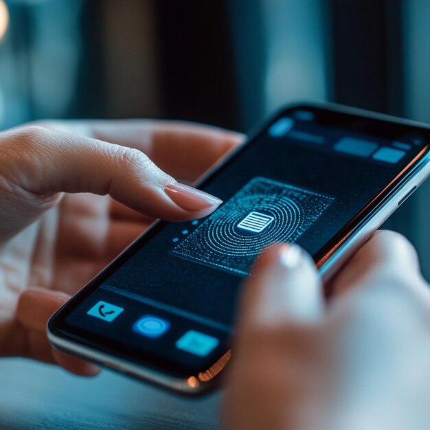A close-up shot of a phone screen displaying an authentication request with multiple options: fingerprint sensor, facial recognition, and a code sent to the phone. The background is a blurred bank lobby.