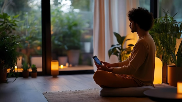 A person using a guided meditation app on their smartphone. They are sitting comfortably in a quiet room, with natural light filtering in. The app displays a calming visual and soothing audio waves.
