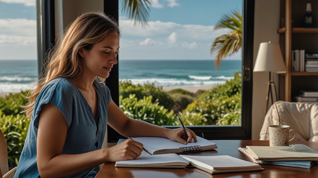 A person sitting at a desk with a budget planner, a calculator, and a travel guide, focused on planning vacation expenses.
