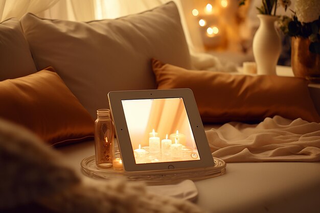 A bedroom decorated in a minimalist style. The scene is viewed through a tablet screen held by a person, showing how augmented reality allows a user to virtually place different furniture items and change the wall color in real-time.