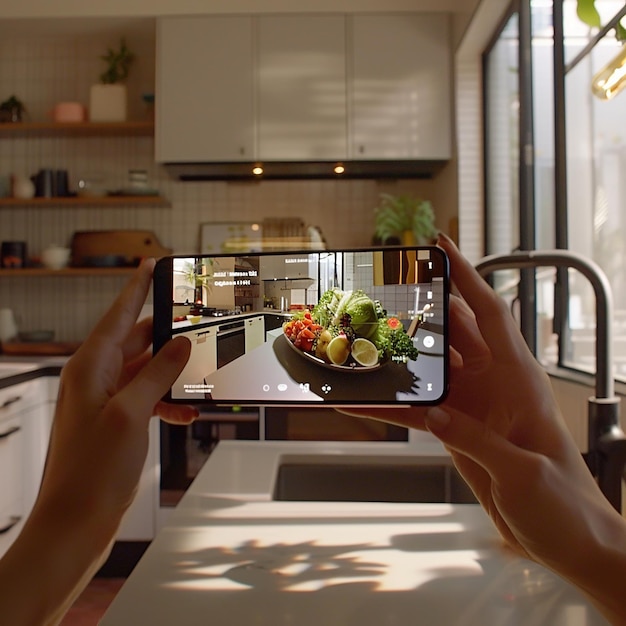 A modern kitchen is virtually augmented, with a user holding a smartphone to view different countertop materials and appliance models through an AR application. The lighting is soft and natural, highlighting the seamless integration of virtual elements.