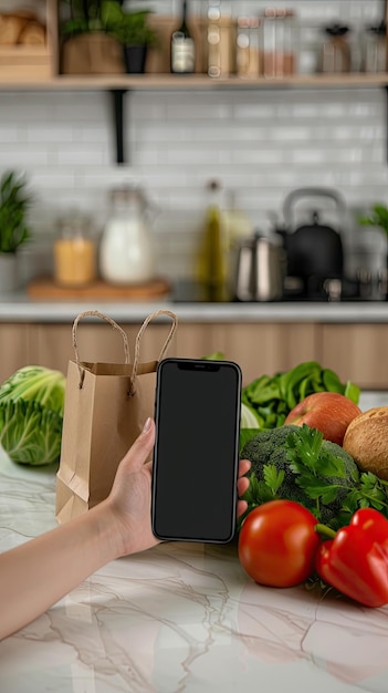 A hand holding a smartphone with a checklist app open, showing tips for maximizing savings on delivery apps. The background is a blurred image of a kitchen with grocery bags.