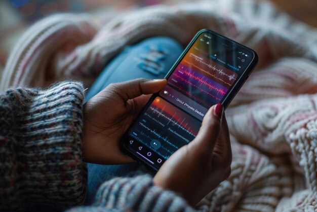 A close-up of a smartphone screen displaying a music app with an AI-powered playlist generator, showing various moods (happy, focused, relaxed) and corresponding music suggestions.