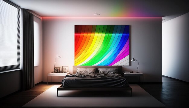 A bedroom with a holographic projection of different wall paint colors displayed on the walls. A person is holding a smartphone, using an application to switch between the colors, and assessing how each one affects the room's atmosphere. The bedroom has modern furniture and is filled with soft, natural light.