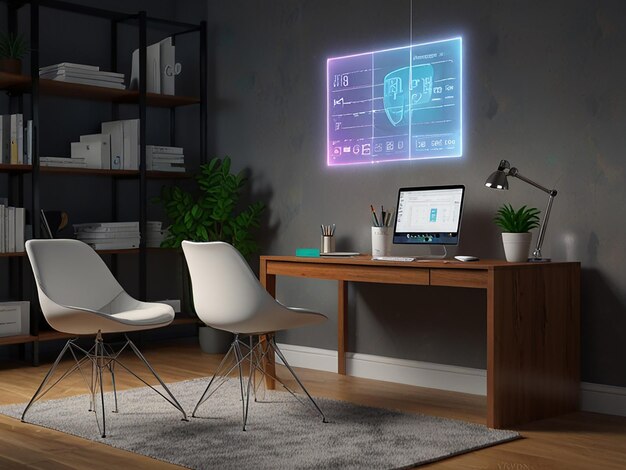 A home office with a holographic projection of a new desk and chair setup. A person is using a stylus on a tablet to adjust the height of the desk and the angle of the chair, visualizing the ergonomic impact of the changes. The office has a clean, minimalist design with plants and a large window providing natural light.