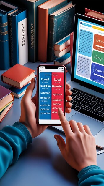 A split-screen image showing a person studying English with a language learning app on one side and a professional receiving a promotion on the other side. The image should visually connect language learning with career advancement.