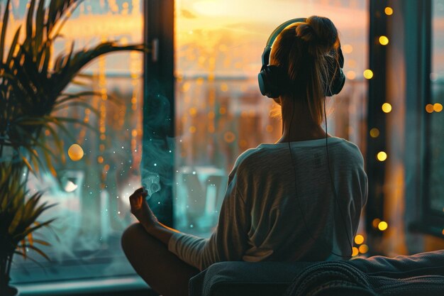 A person wearing headphones, sitting in a brightly lit workspace, their music app displaying an AI-curated playlist optimized for focus and productivity.