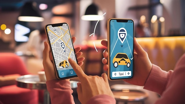 Three smartphones are displayed side-by-side, each showcasing a different map interface of a ride-sharing app. The maps highlight different areas of a city, indicating real-time traffic conditions and available ride options. The focus is on the apps' navigation features and their ability to provide efficient routing and transportation solutions.