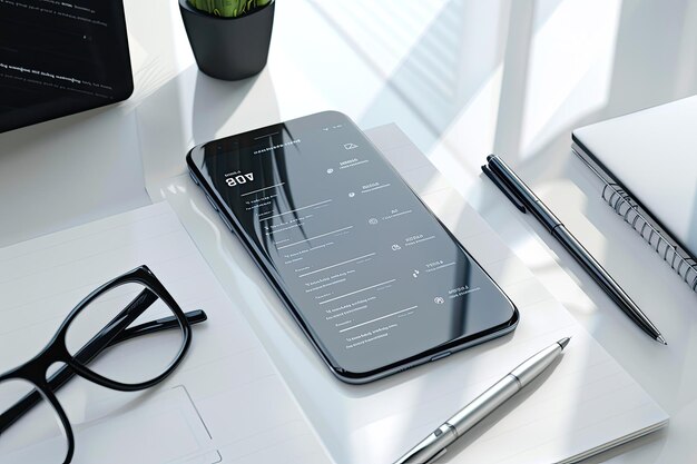 A smartphone screen showing a resume creation app with a sleek, modern design. The app features different sections for work experience, education, and skills, with easy-to-use editing tools. The background is a blurred office environment, suggesting professional use.