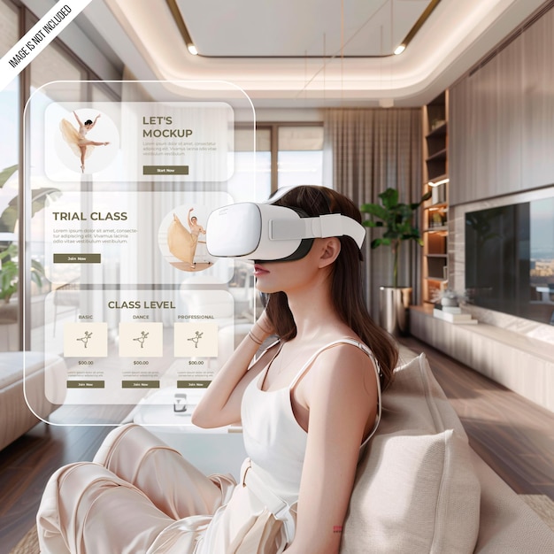 A modern living room where a woman is interacting with an augmented reality app on her tablet. The app suggests different furniture arrangements and color schemes based on her preferences. The room is sleek and minimalist, with natural light streaming in through large windows.
