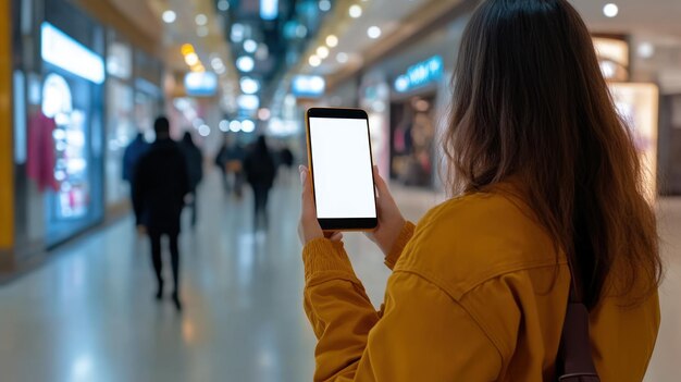 A person using a smartphone app to search for cheap flights. The screen displays a list of flight options with prices and travel times. The background shows a blurry image of an airport check-in area.