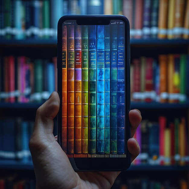 A person browsing a digital bookstore on a smartphone, with colorful book covers displayed on the screen. The scene is well-lit, emphasizing the variety and accessibility of digital books.