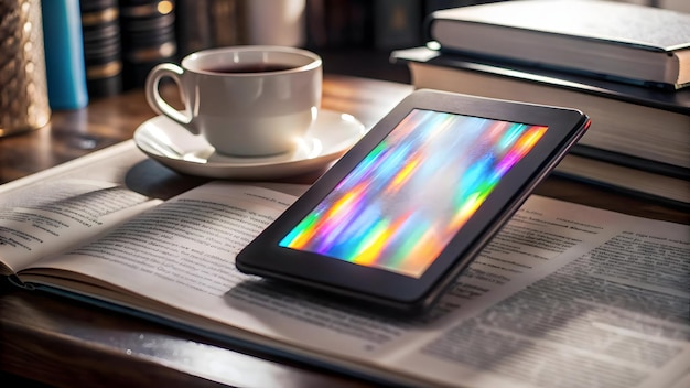 A close-up shot of an e-reader screen, displaying text with customizable font and brightness settings. The focus is on the readability and user-friendly interface of the device.