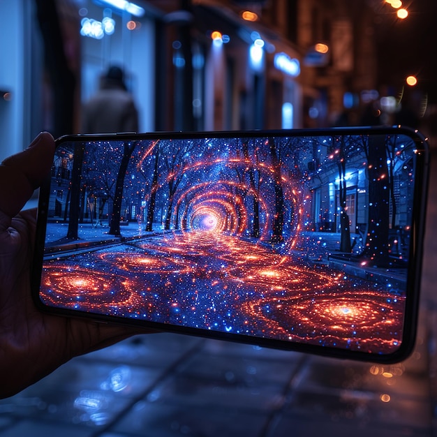 A smartphone screen showcasing a video editing app interface with AI-powered features highlighted, like automatic scene detection and smart object removal.