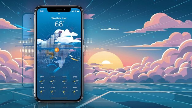 A conceptual digital illustration showing a weather app interface on a smartphone, with various weather icons and data points (temperature, humidity, wind speed) overlaid on a map of Brazil. The app is issuing a severe weather alert, highlighting areas at risk of flooding and extreme heat.