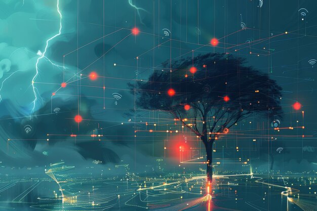 A futuristic graphic depicting an AI-powered weather forecast system, with neural networks analyzing atmospheric data from satellites and weather stations in Brazil. The system is generating a detailed weather prediction displayed on a holographic interface.