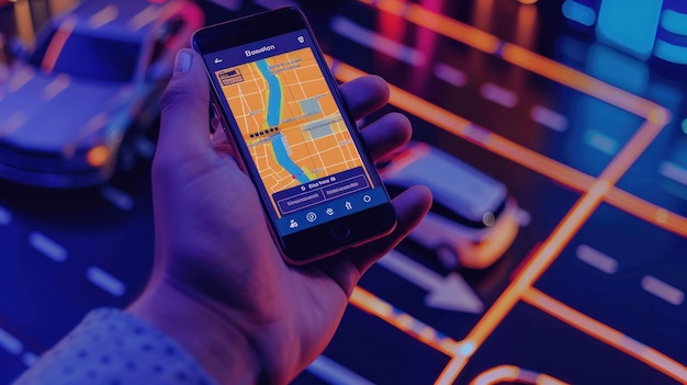 A close-up of a smartphone screen displaying a map app interface with real-time traffic flow visualization, highlighted alternative routes, and incident icons (e.g., accidents, road closures) flashing, providing an immediate understanding of congested areas and route options.