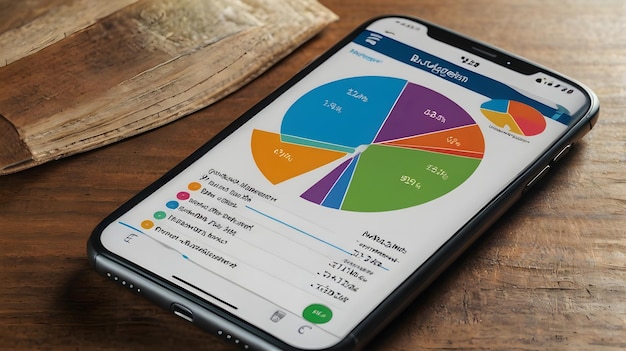 A close-up of a smartphone screen displaying a pie chart illustrating expense categories. The chart shows a breakdown of spending on things like food, transportation, entertainment, and bills.