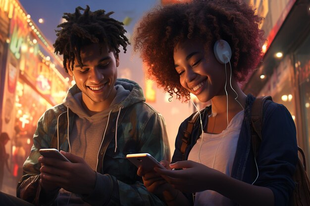 A split-screen image showing two people listening to music on their smartphones, connected through a music app, sharing playlists and discovering new artists together in a social context.