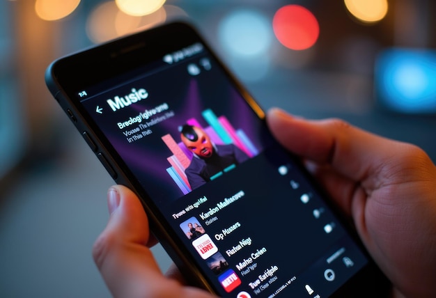 An interface of a music app showing a highly personalized playlist with diverse artists and genres, dynamically adapting to the user's listening habits and mood, highlighting the AI-driven curation.