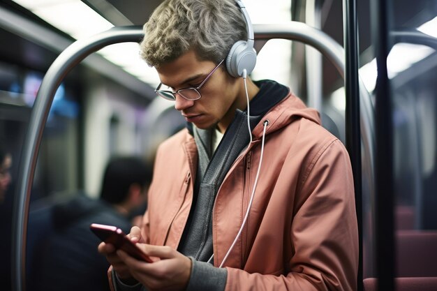 A person using a language learning app on their mobile phone while commuting on a train, with headphones on. The scene represents learning on the go.