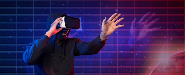 A futuristic image of a person wearing VR glasses, immersed in a virtual language learning environment with interactive elements and gamified lessons.