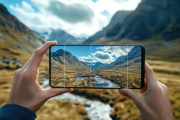 A screenshot of a mobile phone displaying a photo editing app interface, showcasing a user adjusting the brightness and contrast settings of a landscape photo.