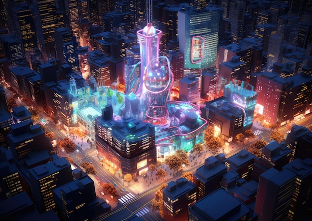 A futuristic cityscape filled with interconnected digital interfaces, showcasing the pervasive nature of social scoring in daily life. The image emphasizes opportunities and access being granted based on social score.