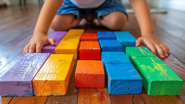 A close-up of a young child happily playing with building blocks inside a well-lit and organized daycare classroom.