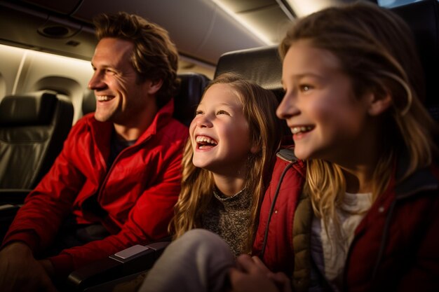 A happy family of four sitting in an airplane cabin, looking out the window with excitement. The mother is pointing at the clouds, and the children are smiling. The overall impression is a sense of adventure, joy, and the fulfillment of a long-awaited trip.