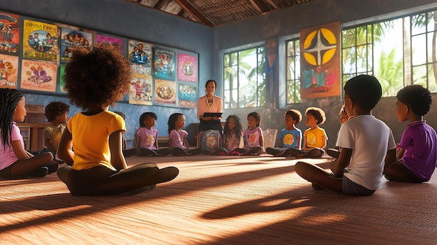 A classroom scene in Brazil, with children actively participating in a lesson. The focus is on their engagement and interaction with the teacher, highlighting the importance of education in the country.