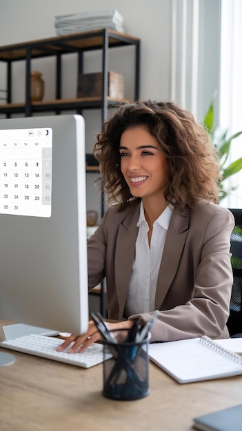 A woman is sitting at her desk and smiling. She is looking at her computer screen. There is a calendar and a pen on the desk.
